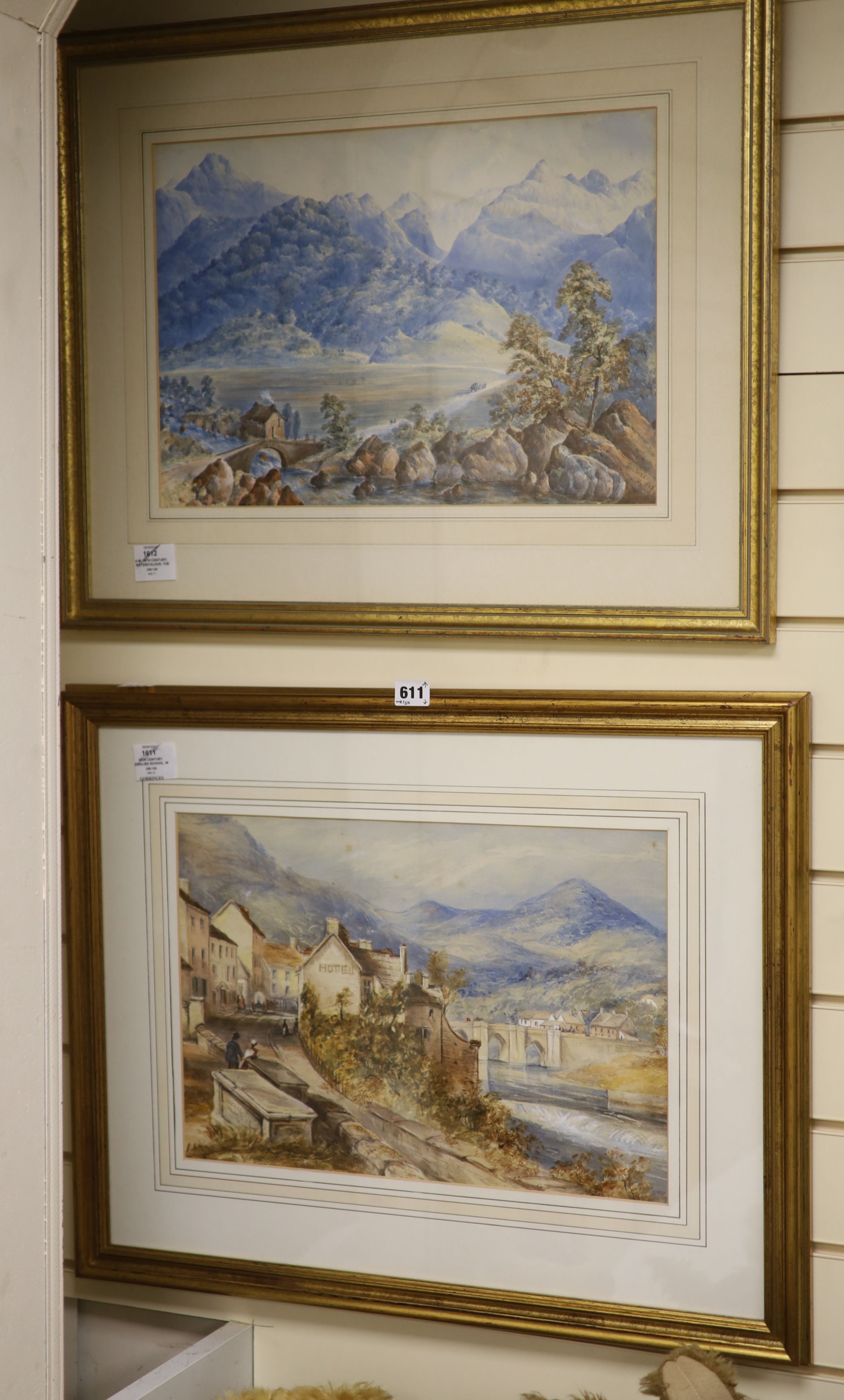 A.M. 19th century, watercolour, The Glen, monogrammed and dated 1863, 31 x 45cm and a 19th century English School, watercolour, Riverside country town, 30 x 44cm